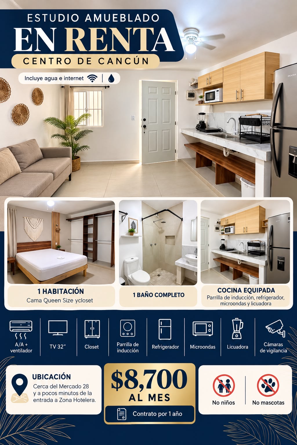 Estudio en renta en Centro, cerca del Mercado 28 — $8,700 MXN