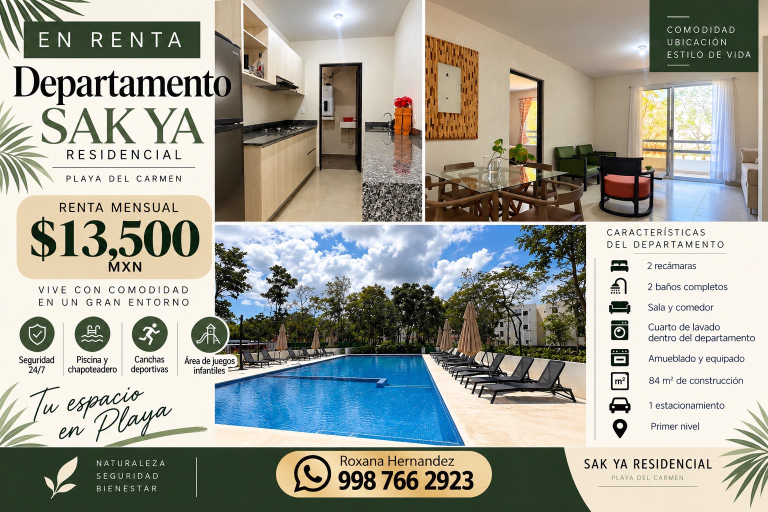 Departamento en renta en Playa del Carmen — $13,500 MXN