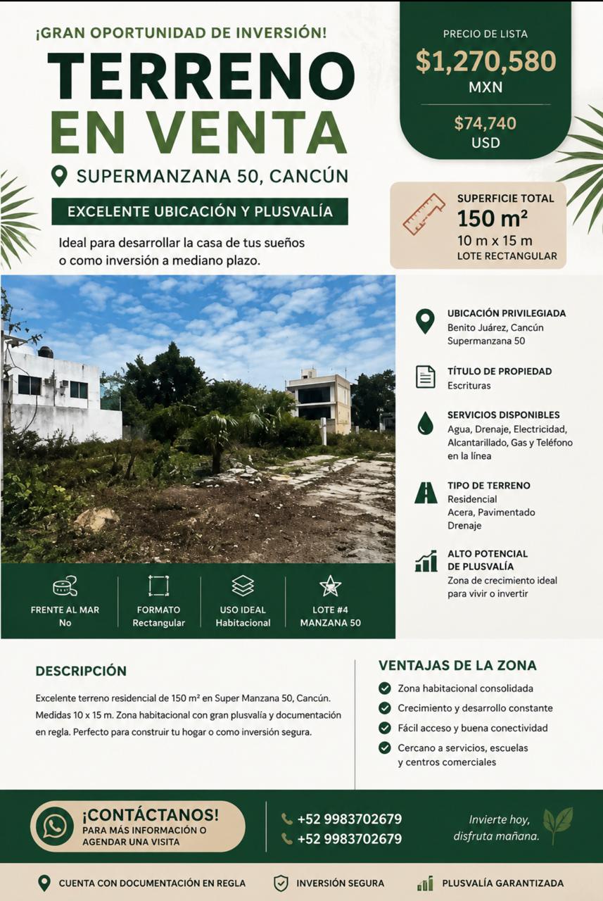 Terreno en venta en Supermanzana 50 — $1,270,580 MXN