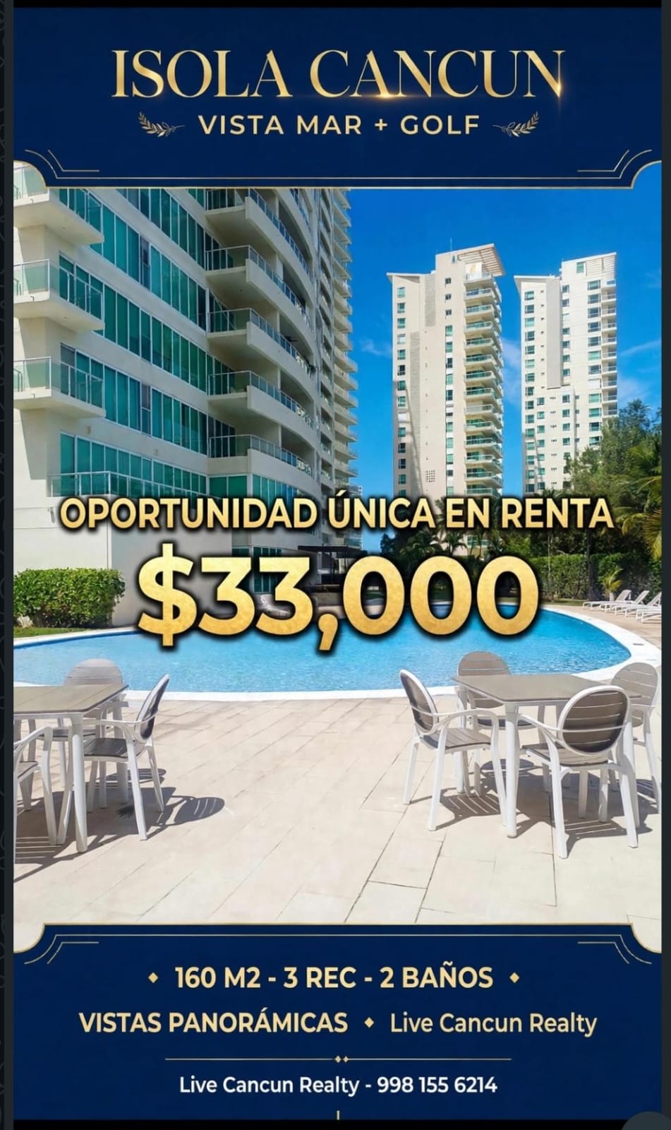 Departamento en renta en Isola Cancun — $33,000 MXN