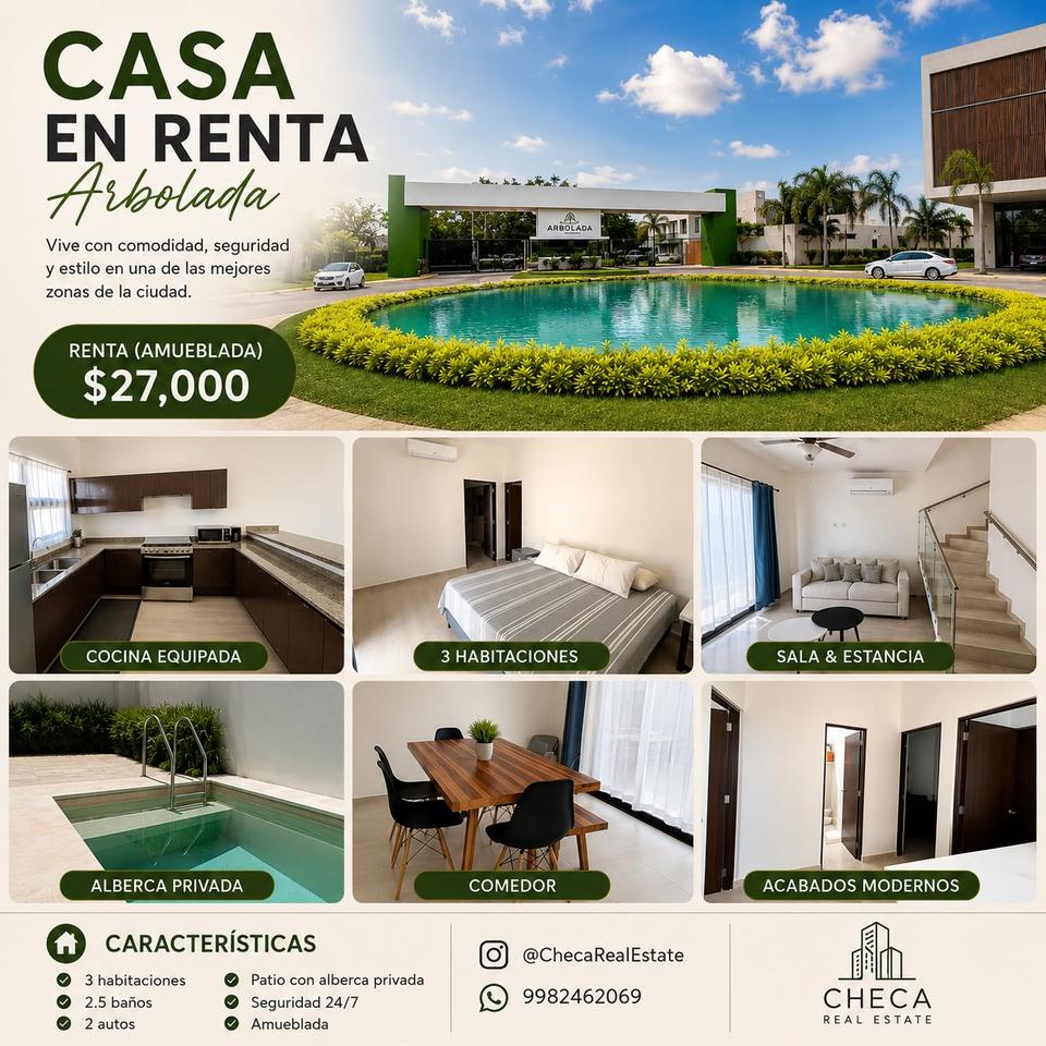 Casa amueblada en Residencial Arbolada. Cuenta con 3 habitaciones, 2.5 baños, cocina abierta, aire acondicionado, paneles solares y seguridad 24/7 en zona Huayacán.