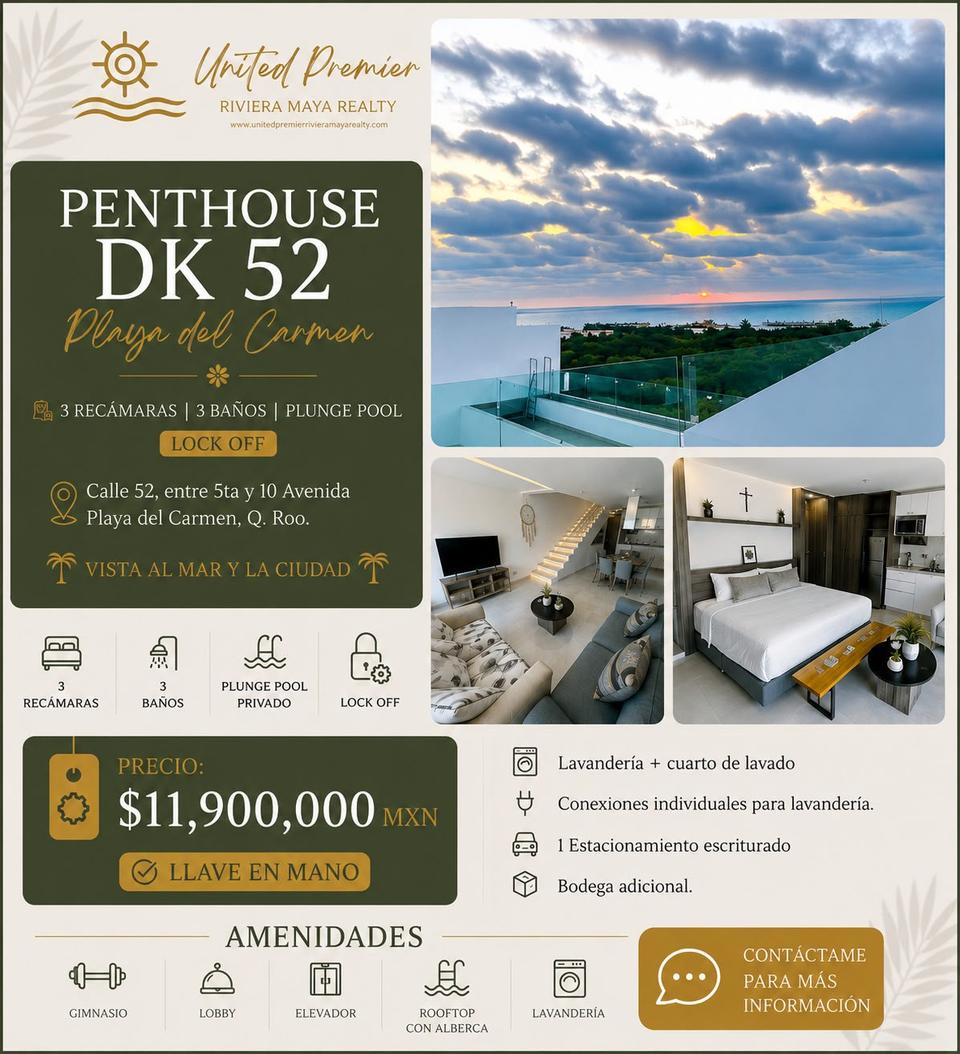 Exclusivo Penthouse Dk 52 con vista al mar y la ciudad. Cuenta con 3 recámaras, 3 baños, sistema lock-off, plunge pool y estacionamiento escriturado. Se entrega llave en mano.