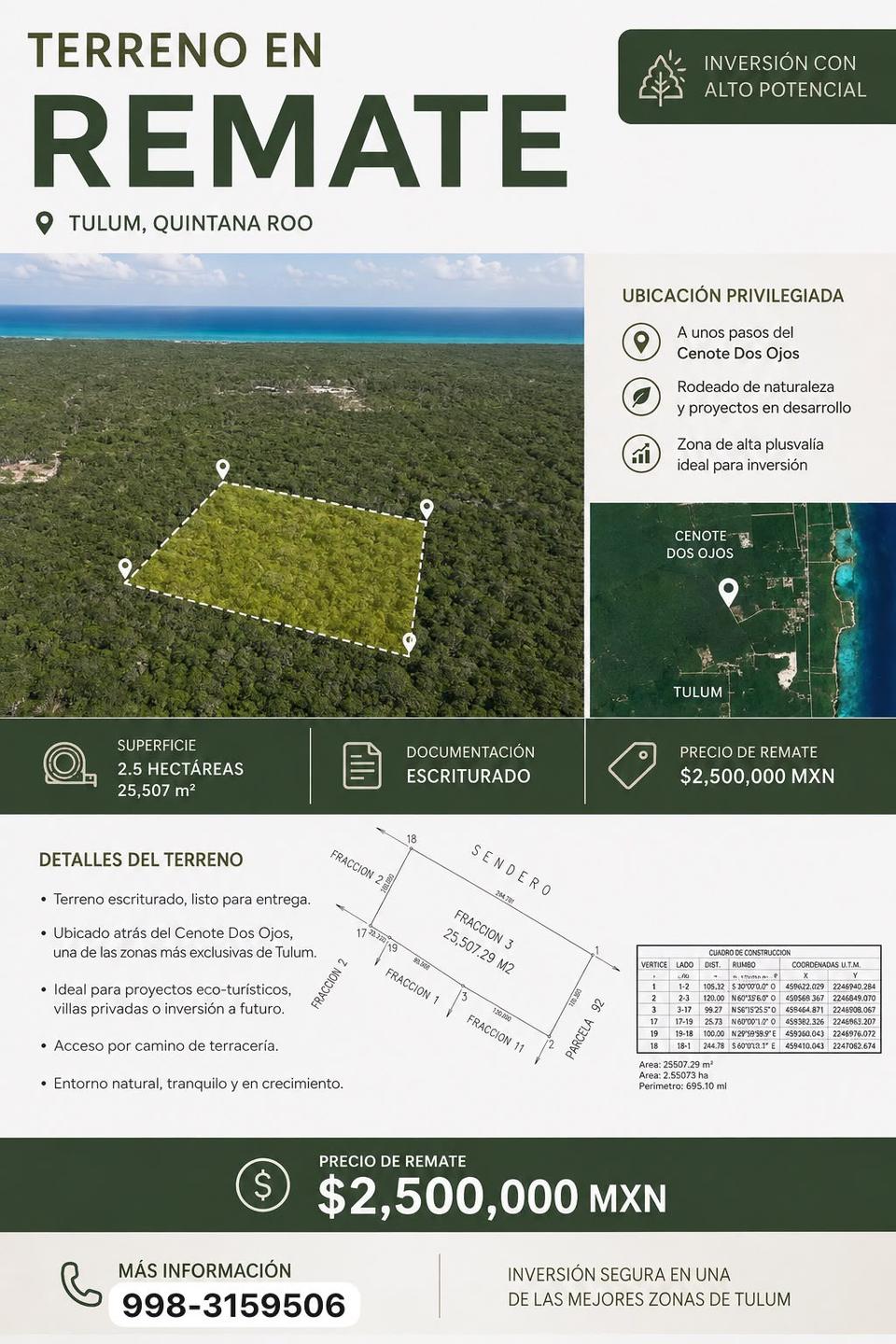 Terreno en remate de 2.5 hectáreas ubicado a pasos del Cenote Dos Ojos en Tulum. Precio de oportunidad de 2.5 MDP.