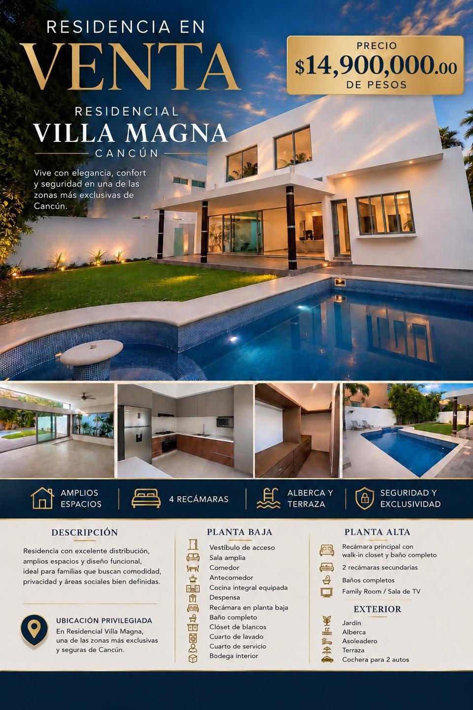 Casa en venta en Residencial Villa Magna con 4 recámaras (una en planta baja), cocina integral equipada, alberca, bodega y terraza amplia en terreno de 530 m2.