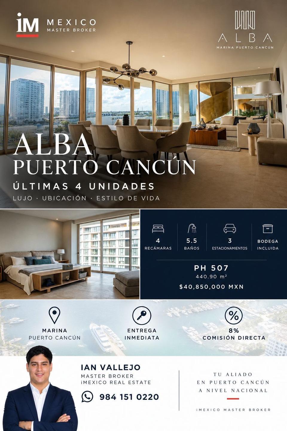 Departamento 304 en Alba, Marina Puerto Cancún. Entrega inmediata, 3 recámaras, 3.5 baños y 2 cajones de estacionamiento. Bodega incluida y acepta activos digitales.