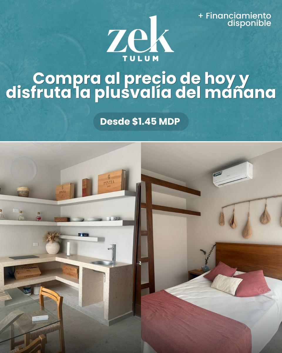 Oportunidad de inversión en Tulum desde $1.45 MDP. Departamento de 1 recámara con alberca y entrega inmediata. Opción en planta baja con alberca privada. Comisión del 6% disponible.