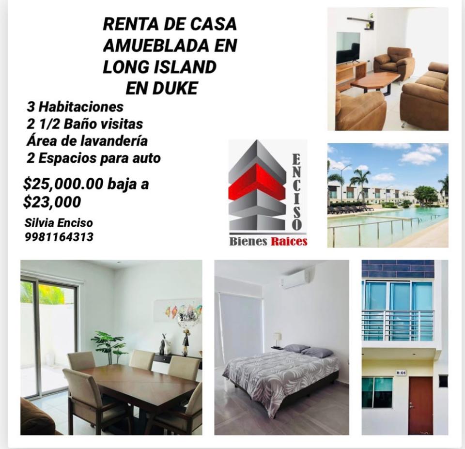 Casa amueblada en renta ubicada en Long Island, Residencial Duke. Cuenta con 3 habitaciones, 2.5 baños, área de lavandería y 2 cajones de estacionamiento. Renta rebajada de $25,000 a $23,000.