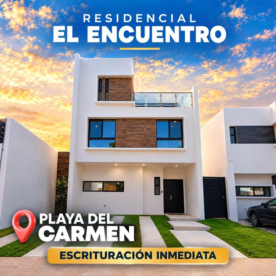 Exclusiva casa amueblada en Residencial El Encuentro, Playa del Carmen. Cuenta con 3 niveles, 3 recámaras, 2.5 baños y amenidades como alberca, gimnasio y seguridad 24/7. Lista para escriturar.