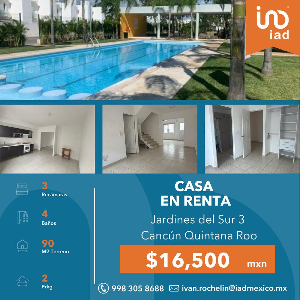 Casa en renta en Jardines del Sur 3, Cancún. Cuenta con 3 recámaras, 4 baños, cocina equipada y aire acondicionado. Incluye alberca, áreas verdes y seguridad 24/7.