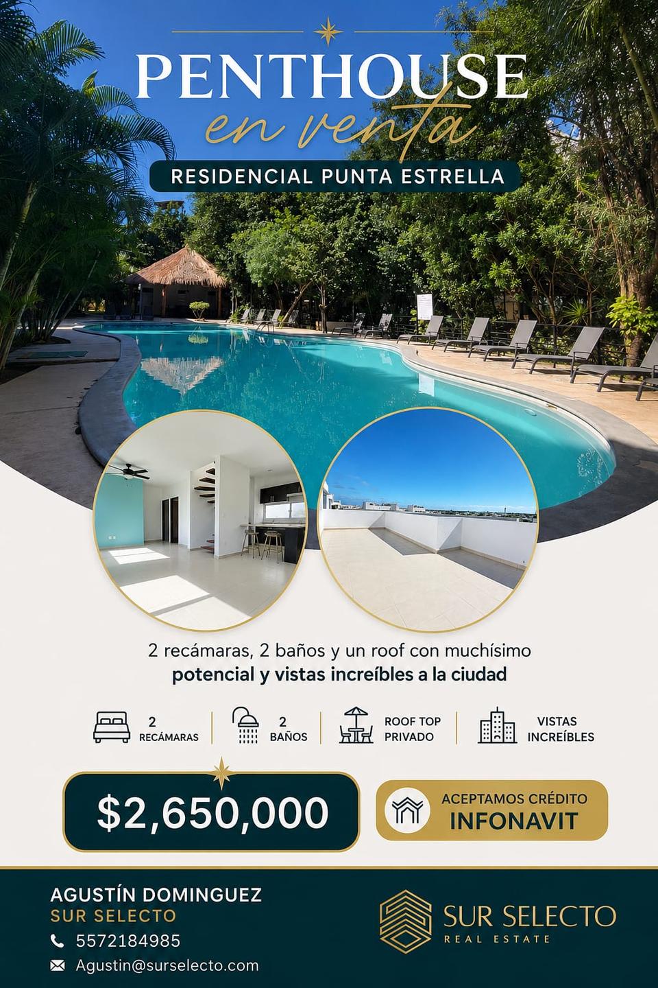 Impecable penthouse de 2 recámaras y 2 baños en Fraccionamiento Punta Estrella. Cuenta con 120 m², cocina equipada, lavasecadora y aires acondicionados. Listo para habitar o rentar.
