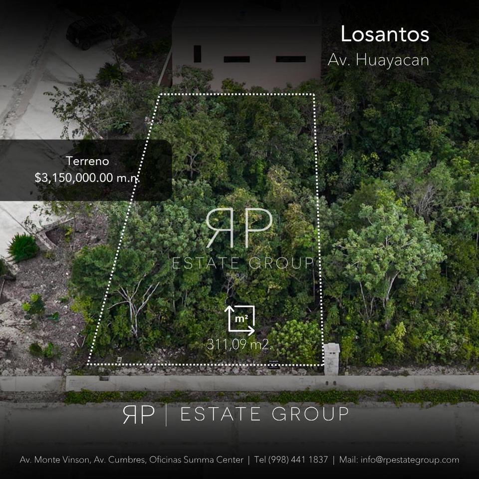 RP Estate Group ofrece en venta terreno ubicado en Losantos, sobre la Avenida Huayacán, Cancún, por un precio de $3,150,000 MXN.