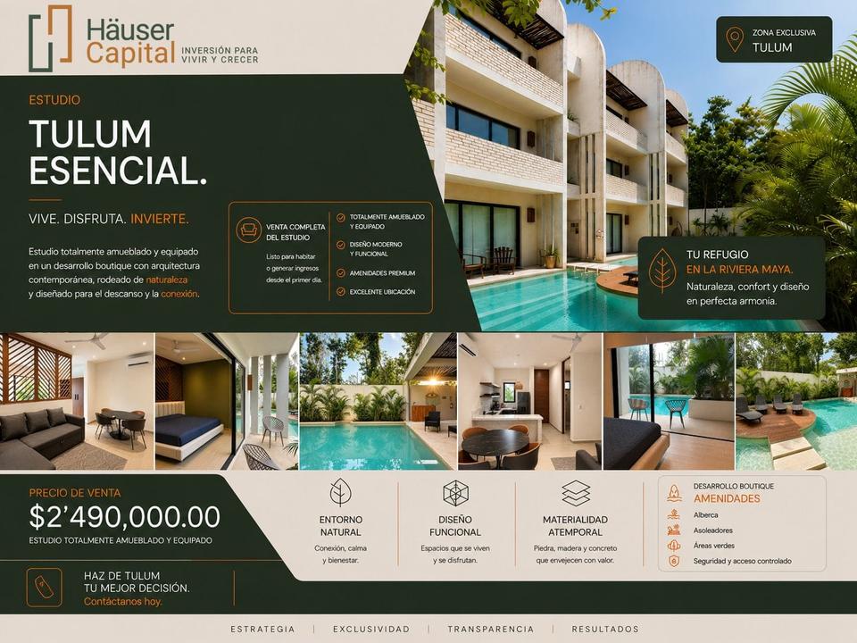 Estudio totalmente equipado y listo para habitar en Tulum. Ubicación estratégica a 5 minutos de la playa y del centro, con acceso pavimentado. Ideal para inversión en rentas vacacionales.