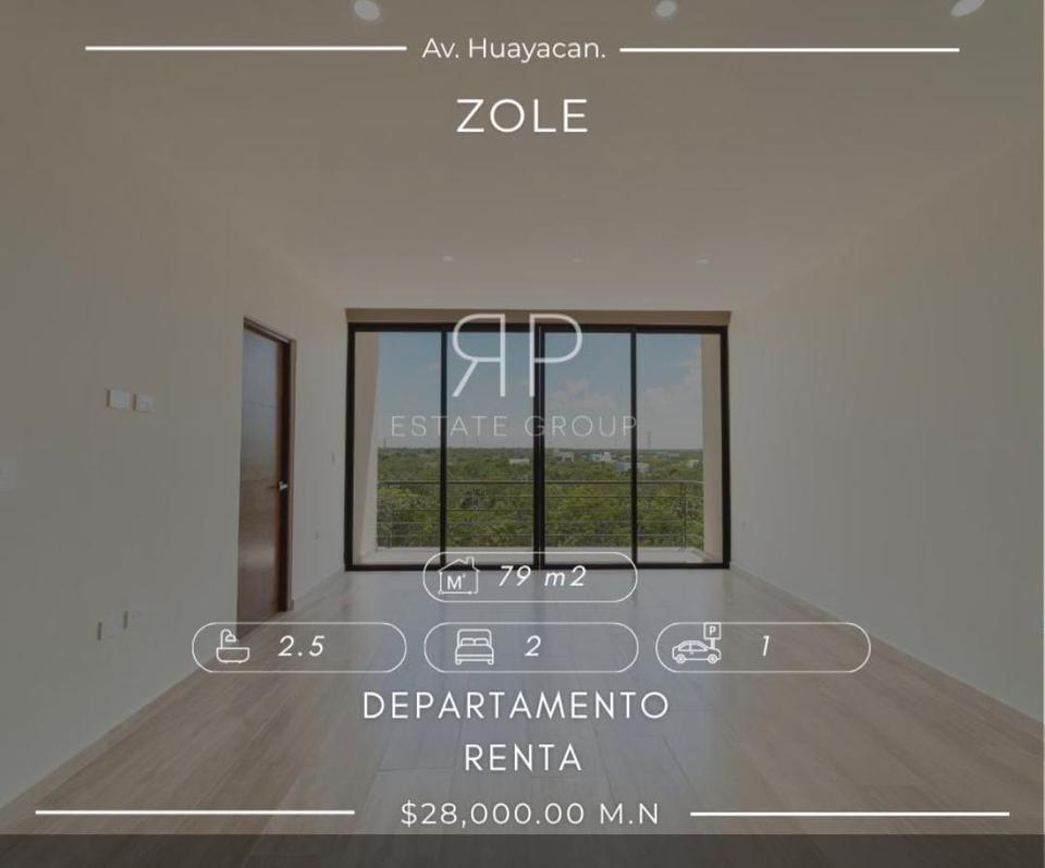 RP Estate Group ofrece en renta departamento ubicado en Zole, Vía Cumbres sobre Av. Huayacán por $28,000 MXN mensuales.